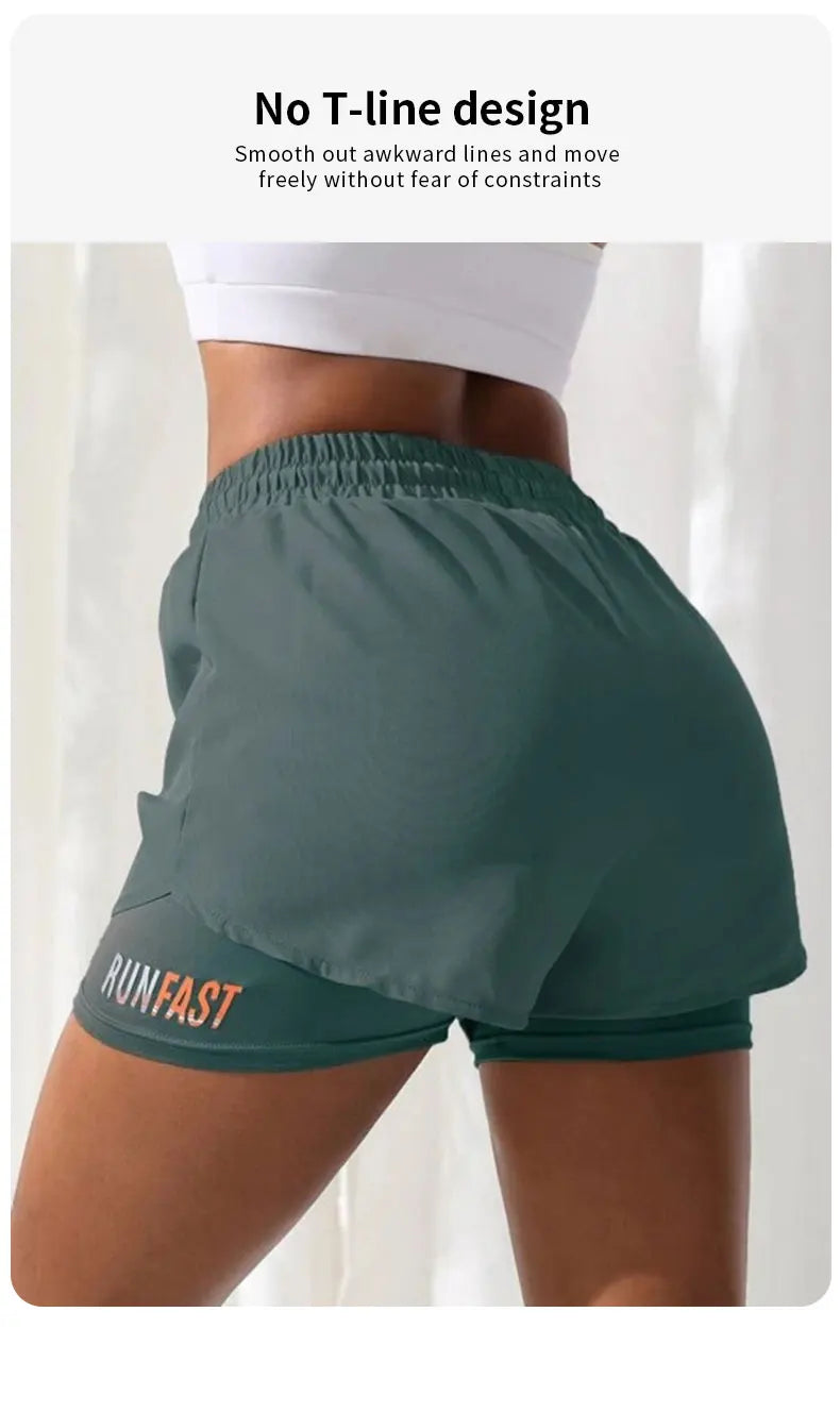 Shorts de ioga femininos de cintura alta com controle de proximidade elástico, shorts de corrida, calças falsas de duas peças