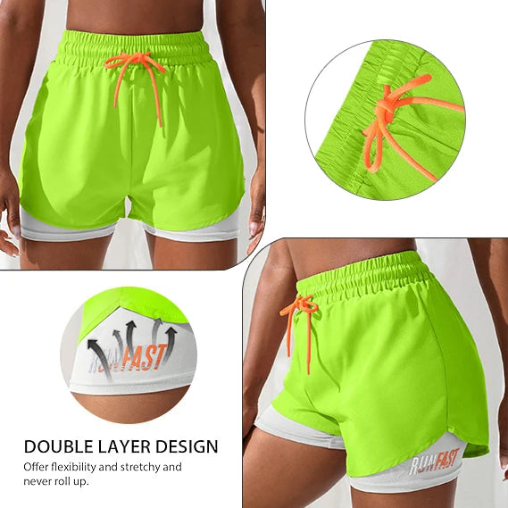 Shorts de ioga femininos de cintura alta com controle de proximidade elástico, shorts de corrida, calças falsas de duas peças