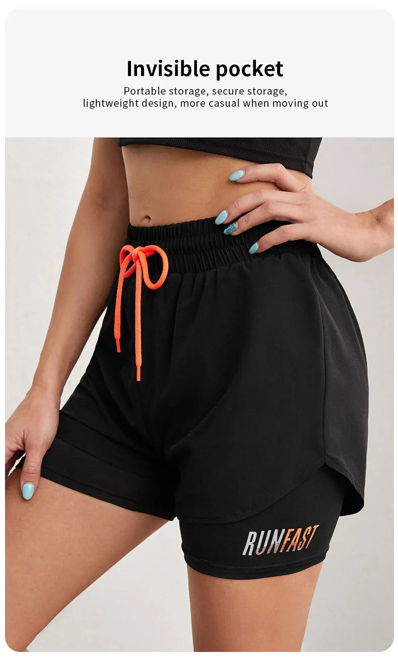 Shorts de ioga femininos de cintura alta com controle de proximidade elástico, shorts de corrida, calças falsas de duas peças