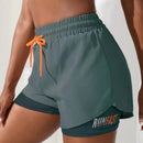 Shorts de ioga femininos de cintura alta com controle de proximidade elástico, shorts de corrida, calças falsas de duas peças