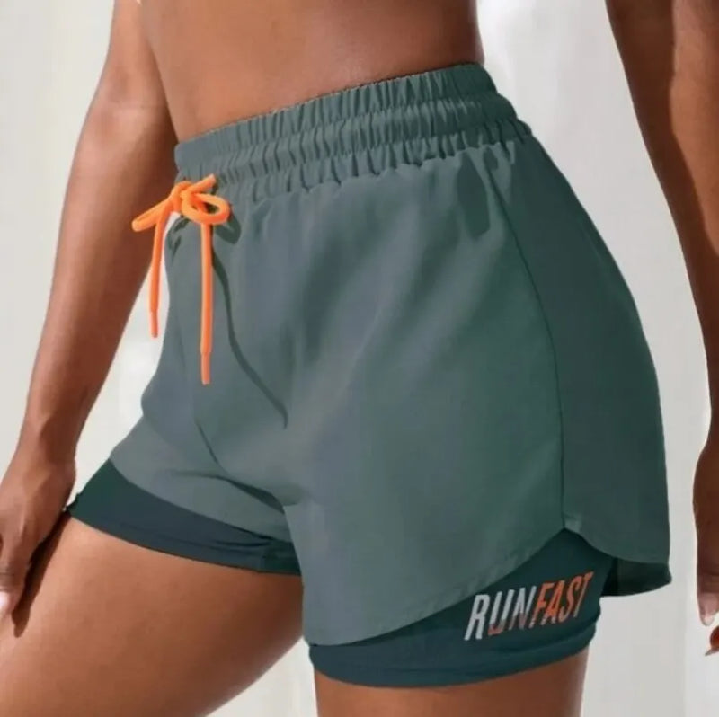 Shorts de ioga femininos de cintura alta com controle de proximidade elástico, shorts de corrida, calças falsas de duas peças