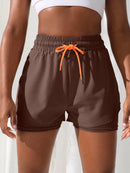 Shorts de ioga femininos de cintura alta com controle de proximidade elástico, shorts de corrida, calças falsas de duas peças