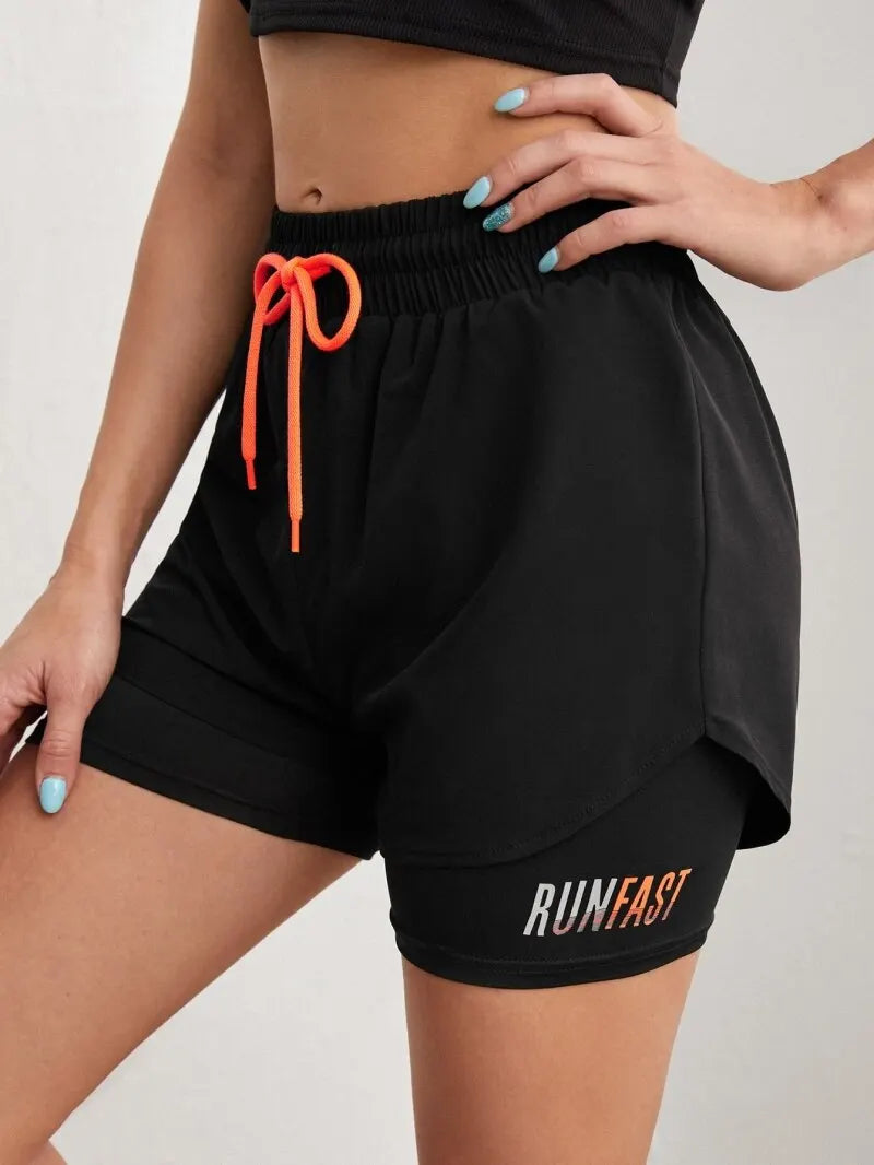 Shorts de ioga femininos de cintura alta com controle de proximidade elástico, shorts de corrida, calças falsas de duas peças