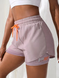 Shorts de ioga femininos de cintura alta com controle de proximidade elástico, shorts de corrida, calças falsas de duas peças